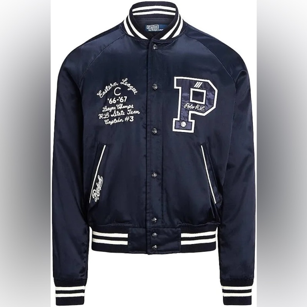 Ralph lauren polo satin varsity inspired jacket SZ LG  with Polo 67 snap back
